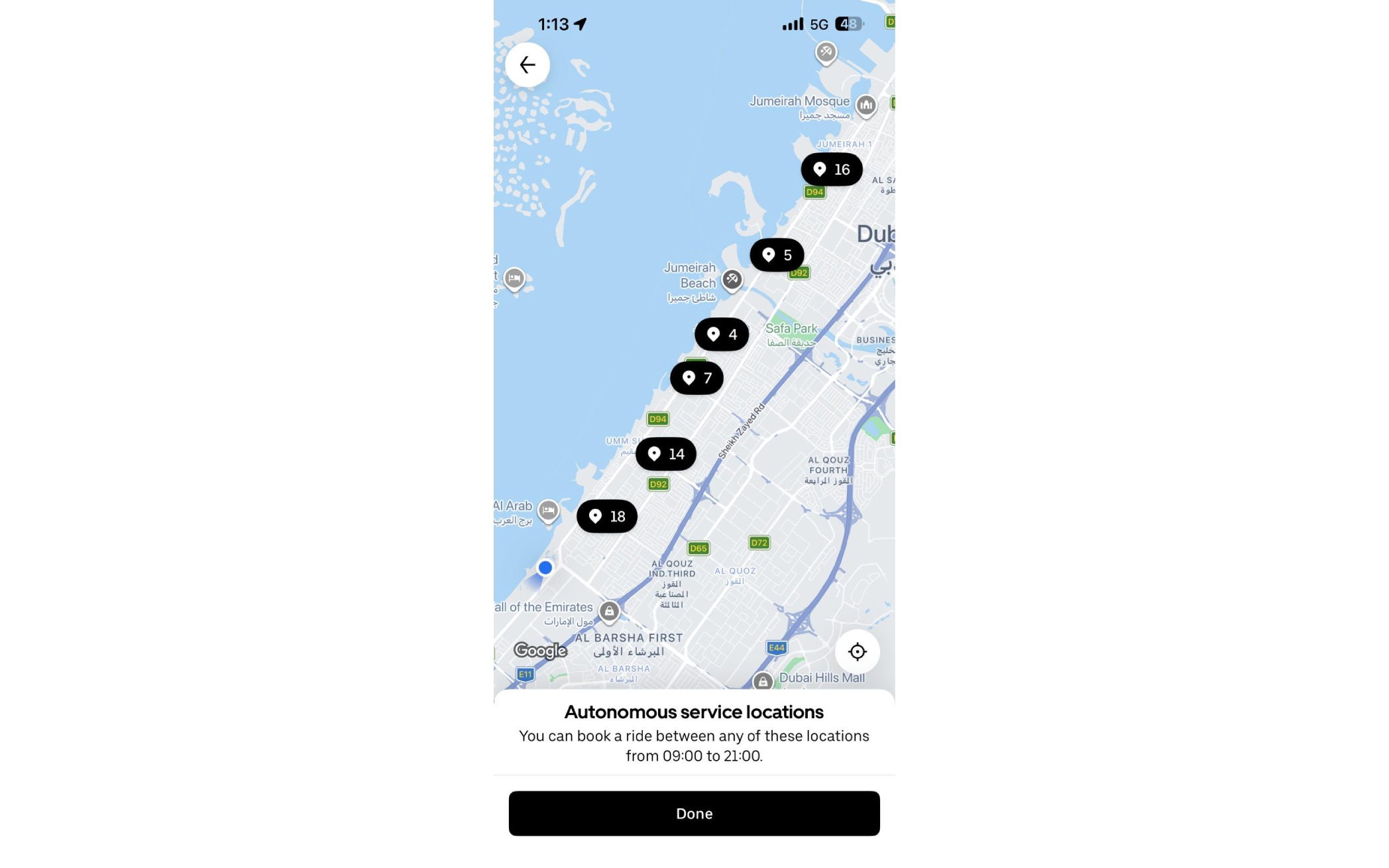 Current autonomous pickup locations in Dubai